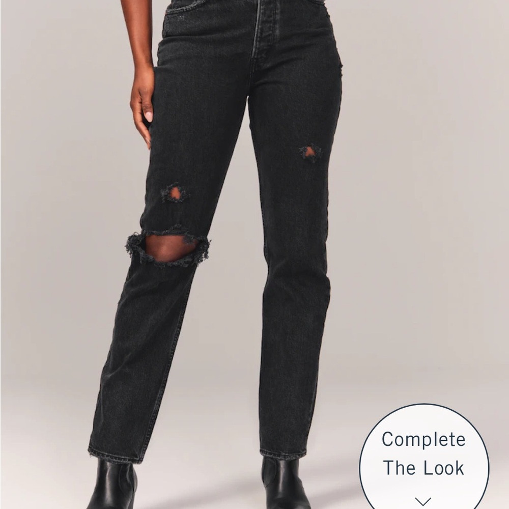 A&F curve love fits like mom jeans, distressed, button fly